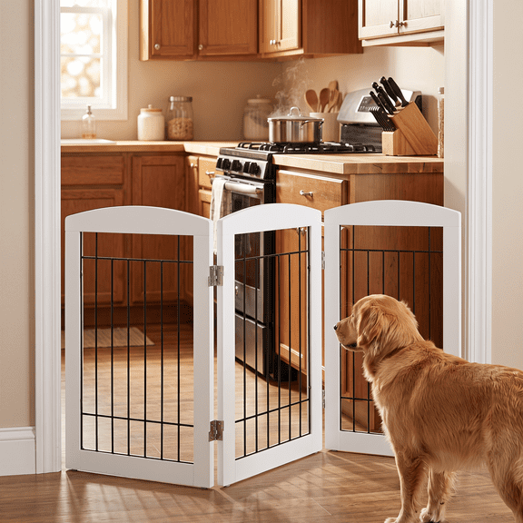 PAWON Dog Gate with Metal Wire, Freestanding 24" 3-Panel Foldable Pet Gate, White