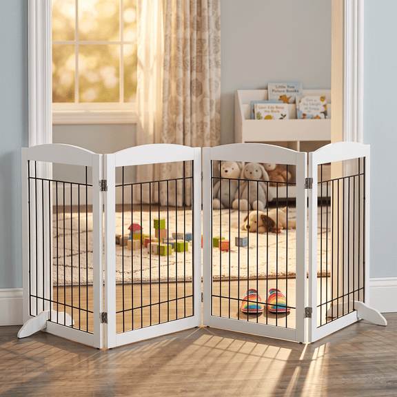 PAWON Dog Gate with Support Feet, Extra Wide Freestanding Wooden Pet Gate, 96" 4-Panel, White