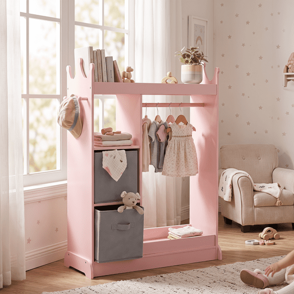 PAWON Kids Armoire Wardrobe with Mirror,Kids Closet w/ Haning Rack and Storage Bins,Pink
