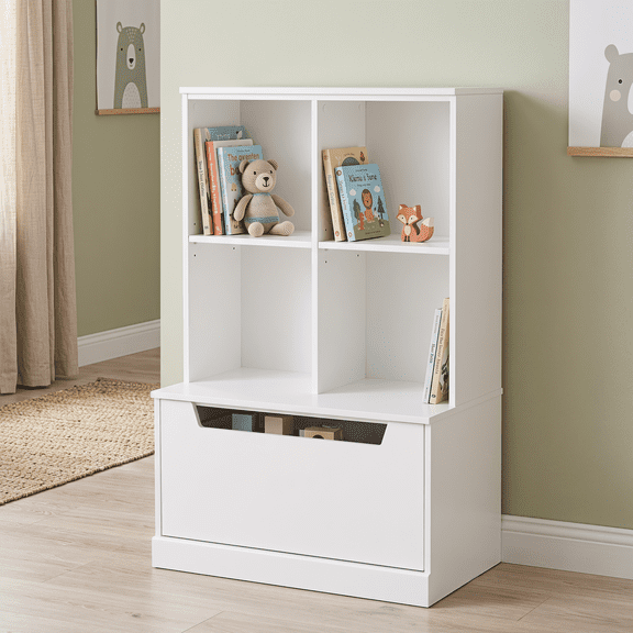 PAWON Kids Bookshelf with Drawer, Wooden Toy Organizer and Bookcase with Adjustable Cubbies, White