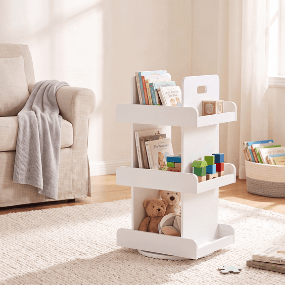 PAWON Kids Rotating Bookshelf Tower, 360 Book Rack, 3-Tier Lazy Susan Bookcase and Storage Tower, White