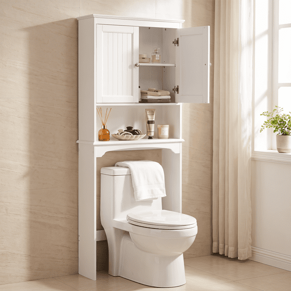 PAWON Over The Toilet Storage Cabinet, Freestanding Bathroom Organizer, Space Saver Storage Shelf, White