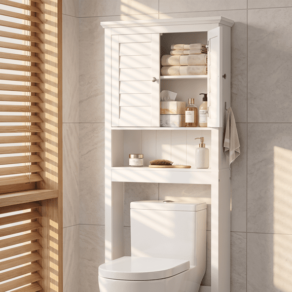 PAWON Over The Toilet Storage Cabinet with Louvered Doors and Side Hooks, White