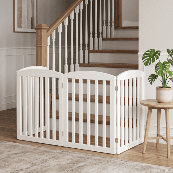 PAWON Wood Freestanding Dog Gate, 4-Panel Foldable Dog Fence, Pet Gate for Doorways, White
