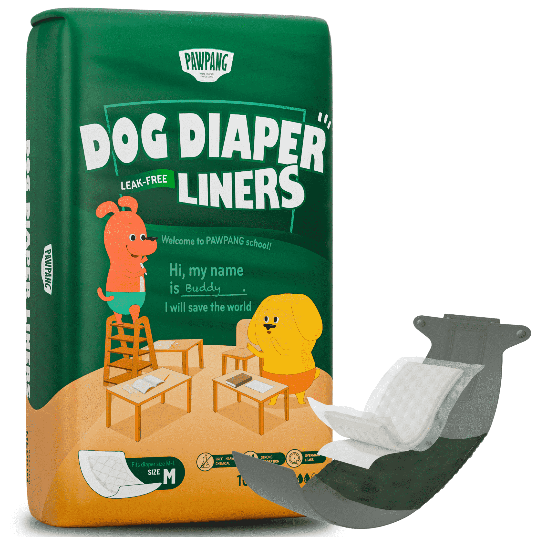 PAWPANG Dog Diaper Liners for Male & Female Dogs, Leakproof & Super Absorbent, M, 100ct