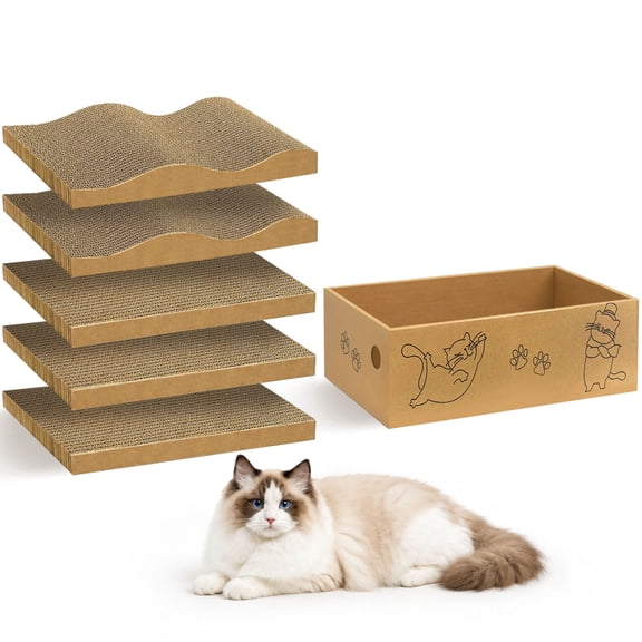 PAWSCRAT Cat Scratcher, 2 Wave-shaped and 3 Flat-shaped Packs in 1 Cardboard Box Cat Scratching Pad for Indoor Cats and Kitten, Cat Scratch Pad to Protect Furniture, Large Size