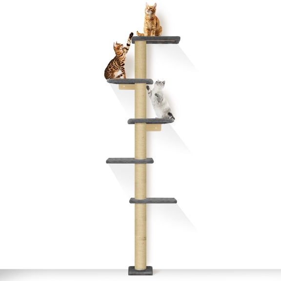 PAWSCRAT Cat Wall Shelves, 5 Tier Floor to Ceiling Cats Tower Cat Tree, 80 inch Wall-Mounted Cat Scratching Post, Darkgery