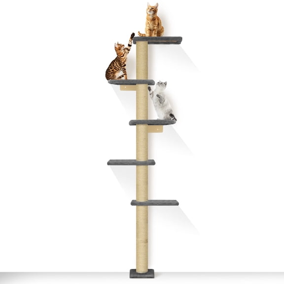 PAWSCRAT Cat Wall Shelves, 5 Tier Floor to Ceiling Cats Tower Cat Tree, 80 inch Wall-Mounted Cat Scratching Post, Darkgery