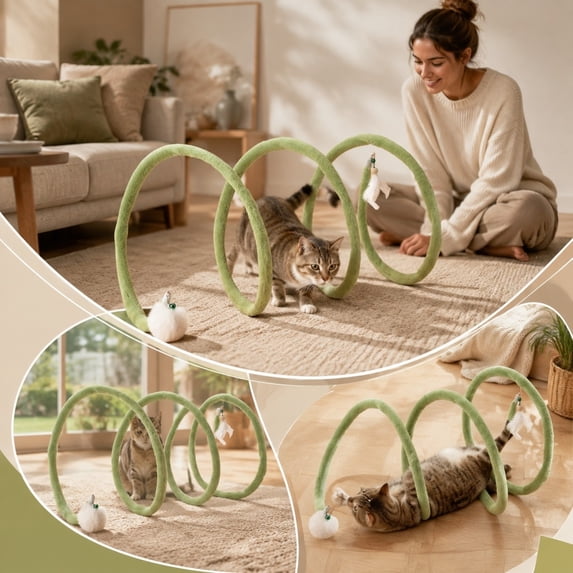 PAWYOPIA Cat Tunnel, with Ball and Hanging Toy for Play and Rest, 28x12x12 in, 1 Pack, Green