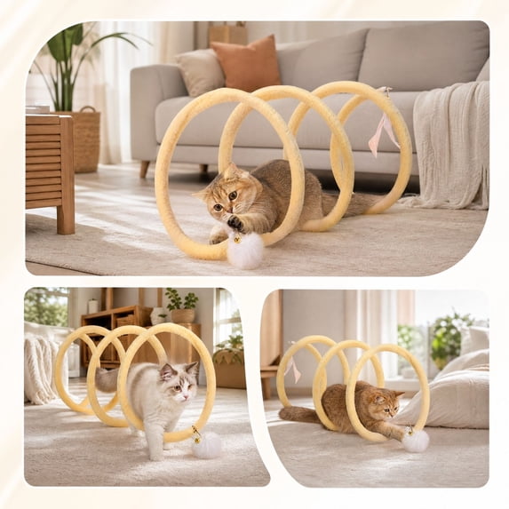 PAWYOPIA Cat Tunnel, with Ball and Hanging Toy for Play and Rest, 28x12x12 in, 1 Pack, Yellow