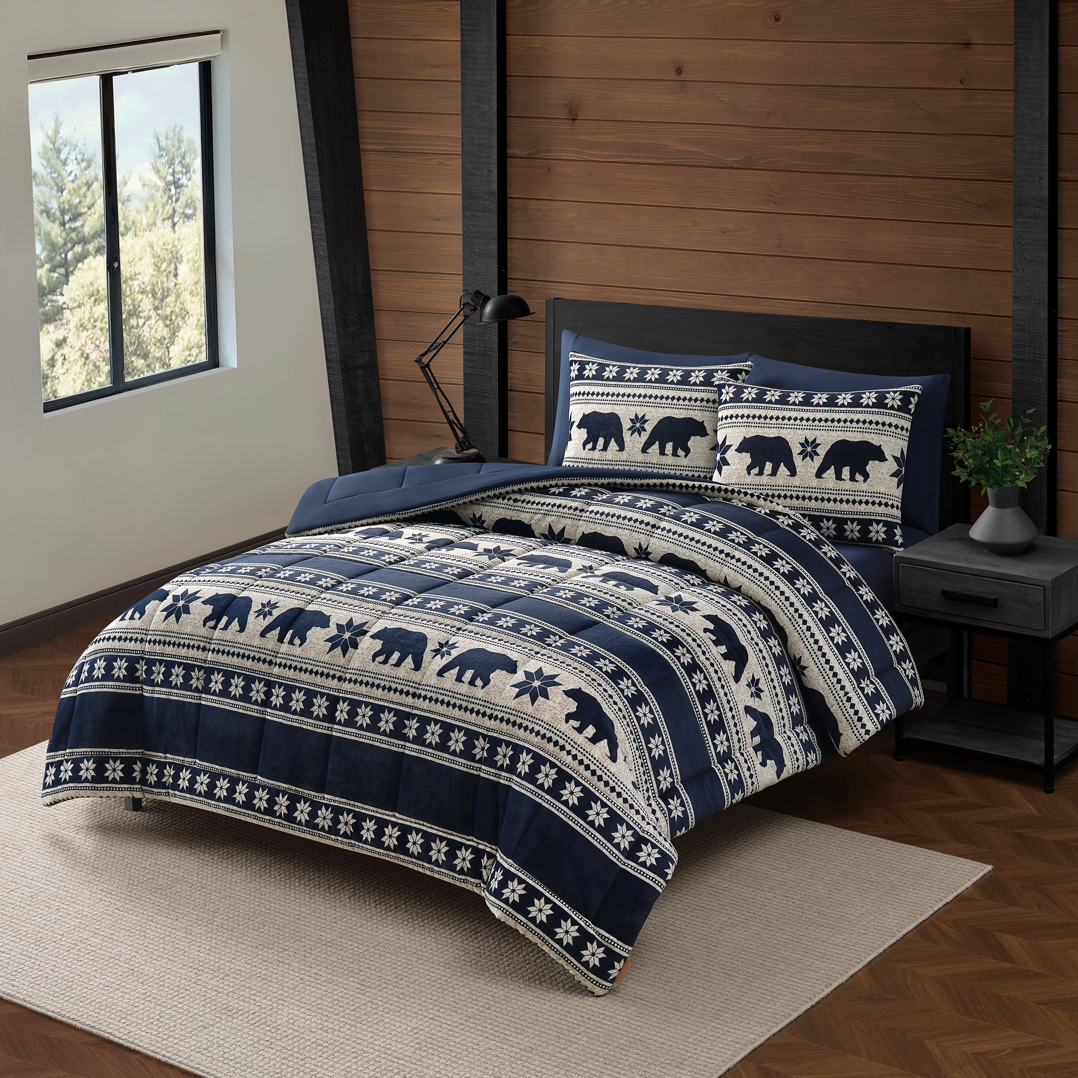 Pawz 3-Piece Fleece Comforter Set with Pillow Shams, Soft and Warm, Navy Blue Bears, King