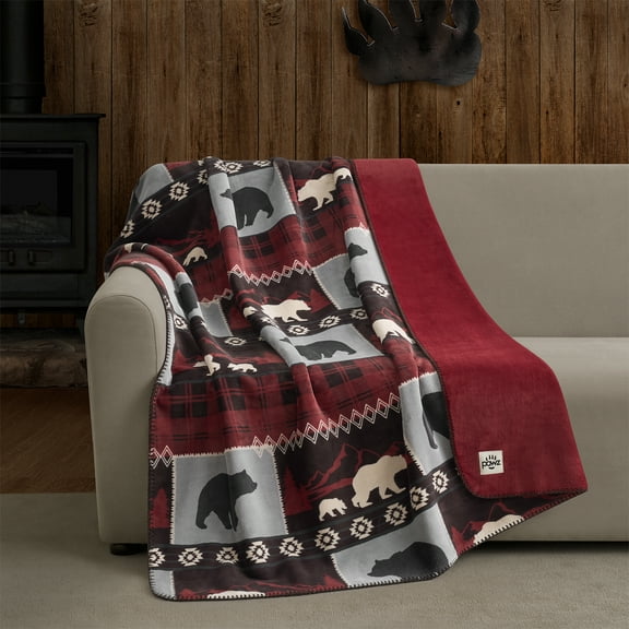 Pawz Plush Oversized Throw Blanket for Couch or Bed, Soft Flannel Fleece, Red Bears, 50"x72"