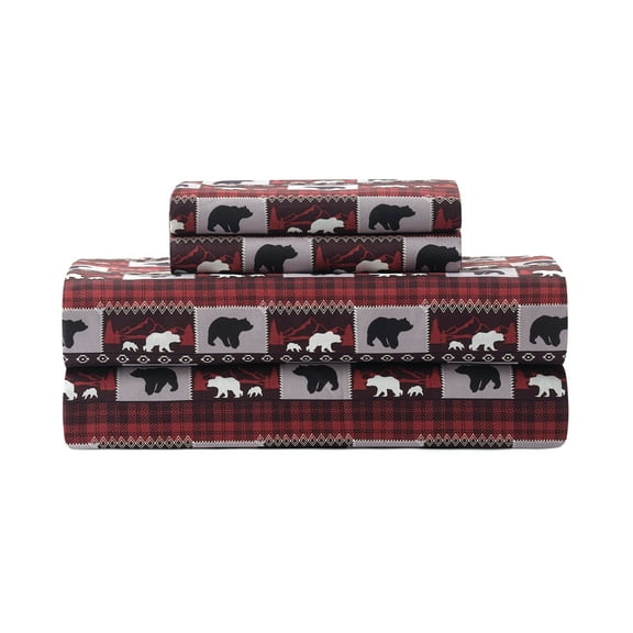 Pawz Queen Sheet Set, Soft Microfiber Printed Bed Sheets with 2 Pillowcases, Red Bears, Queen Size