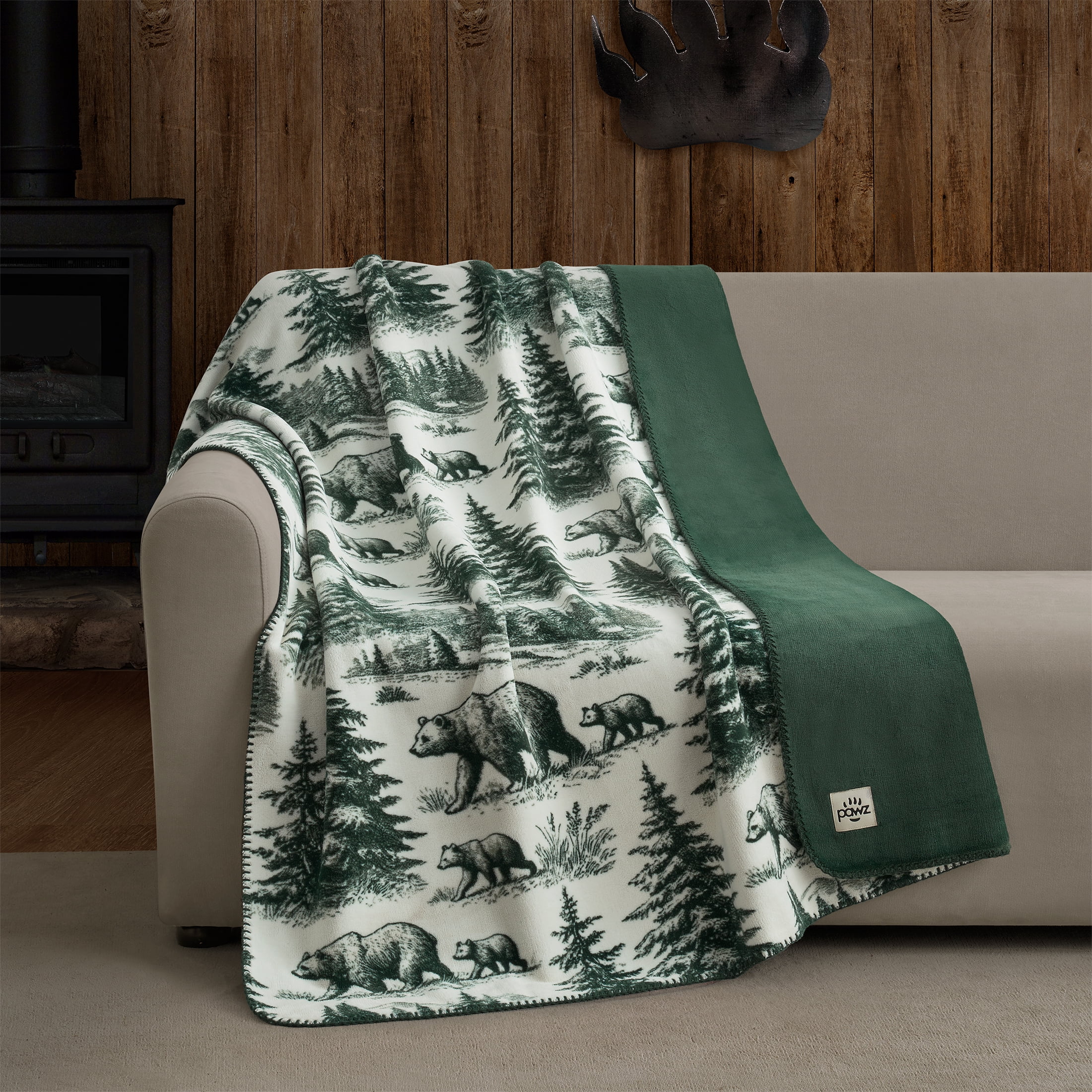 Pawz Plush Oversized Throw Blanket for Couch or Bed, Soft Flannel Fleece, Green Pine Trees, 50"x72"