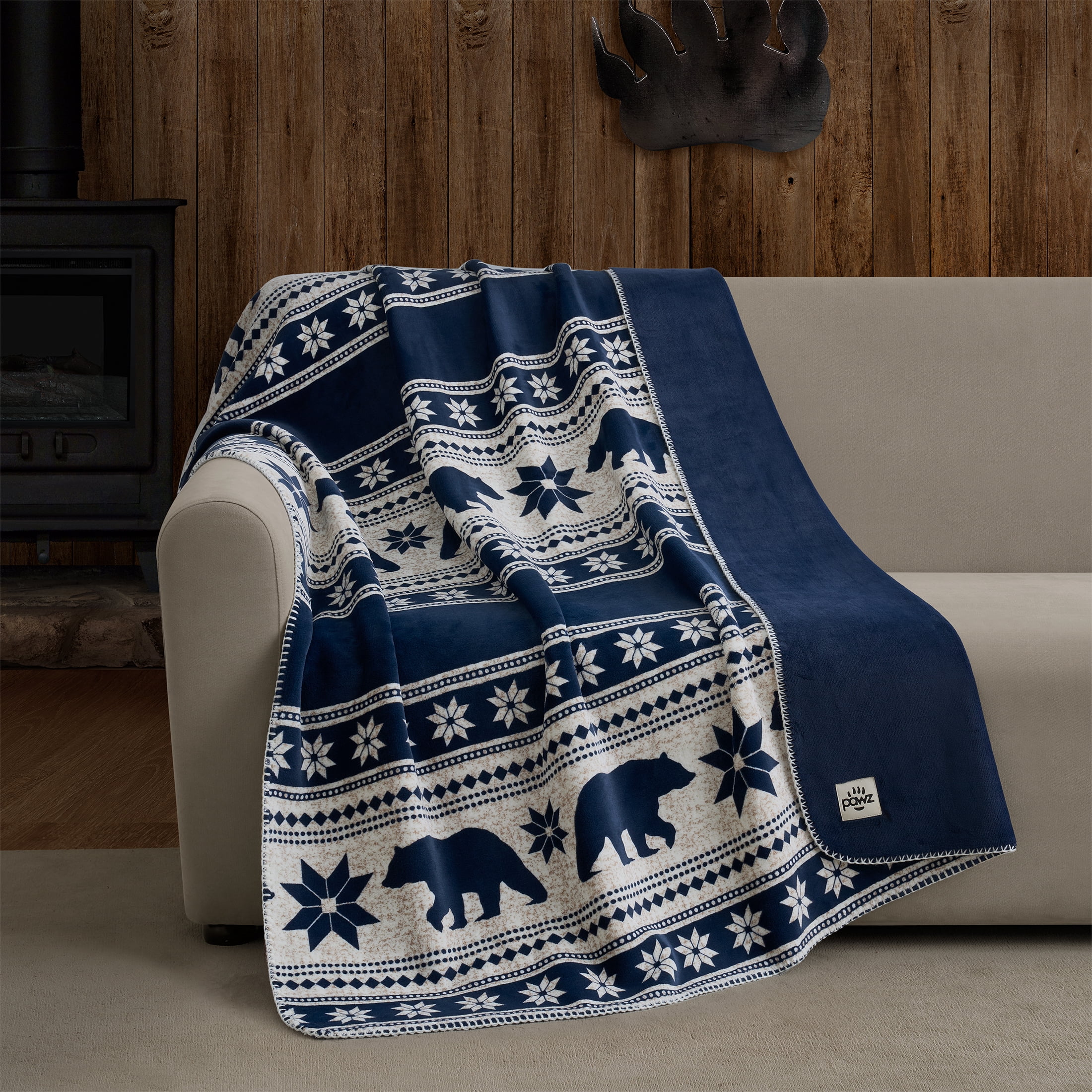Pawz Plush Oversized Throw Blanket for Couch or Bed, Soft Flannel Fleece, Navy Blue Bears, 50"x72"