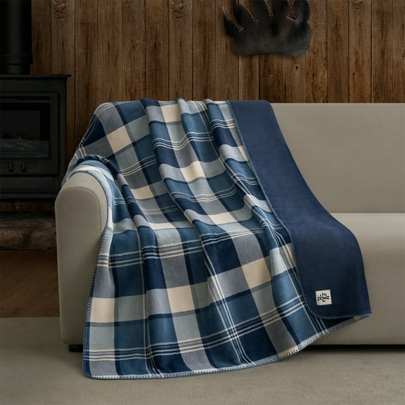 Pawz Plush Oversized Throw Blanket for Couch or Bed, Soft Flannel Fleece, Navy Blue Plaid, 50"x72"
