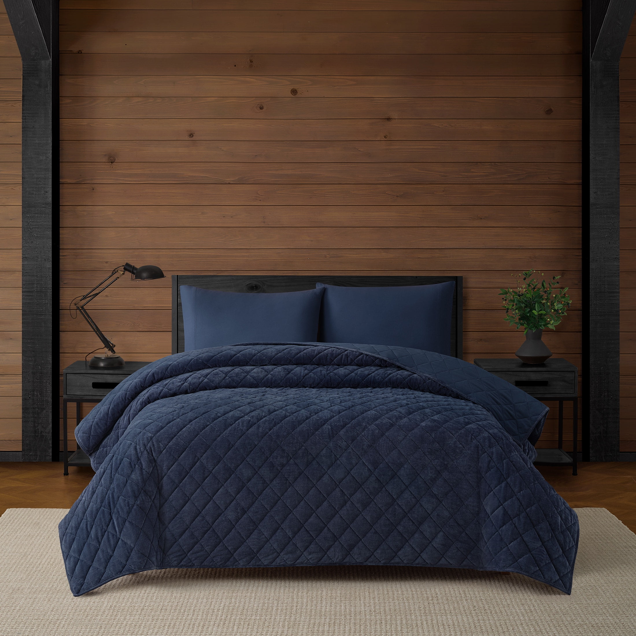 Pawz Navy Blue King 104"x94" Soft Corduroy and Microfiber Velvet Quilt, for Adults and Teens