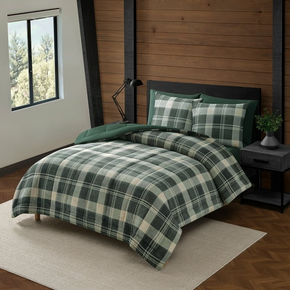 Pawz 3-Piece Fleece Comforter Set with Pillow Shams, Soft and Warm, Green Plaid, Full/Queen