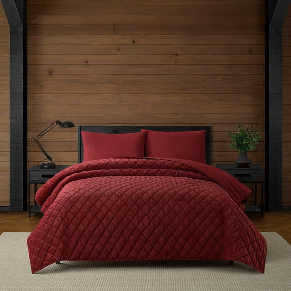 Pawz Navy Red 104"x94" Soft Corduroy and Microfiber Velvet Quilt, for Adults and Teens