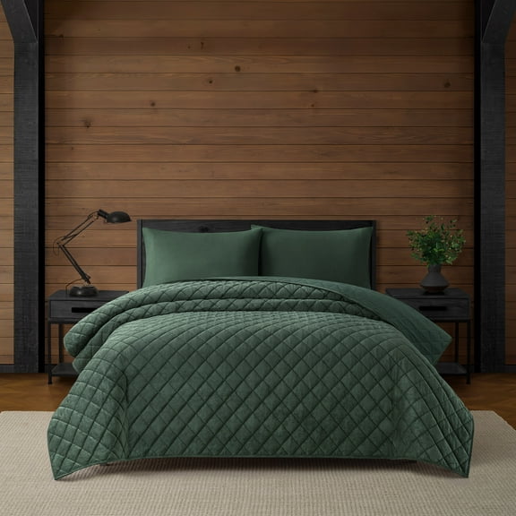 Pawz Pine Green King 104"x94" Soft Corduroy and Microfiber Velvet Quilt, for Adults and Teens