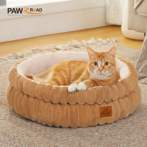 PAWZ Road 20" Cat Bed Soft Plush Kitten Bed Washable Round Pet Bed for Indoor Cats and Puppy, Brown
