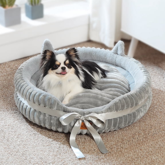 PAWZ Road 20" Cat Ear Round Cat Bed, Washable Soft Faux Fur Pet Bed with Anti-Slip Bottom for Kittens & Puppies, Gray
