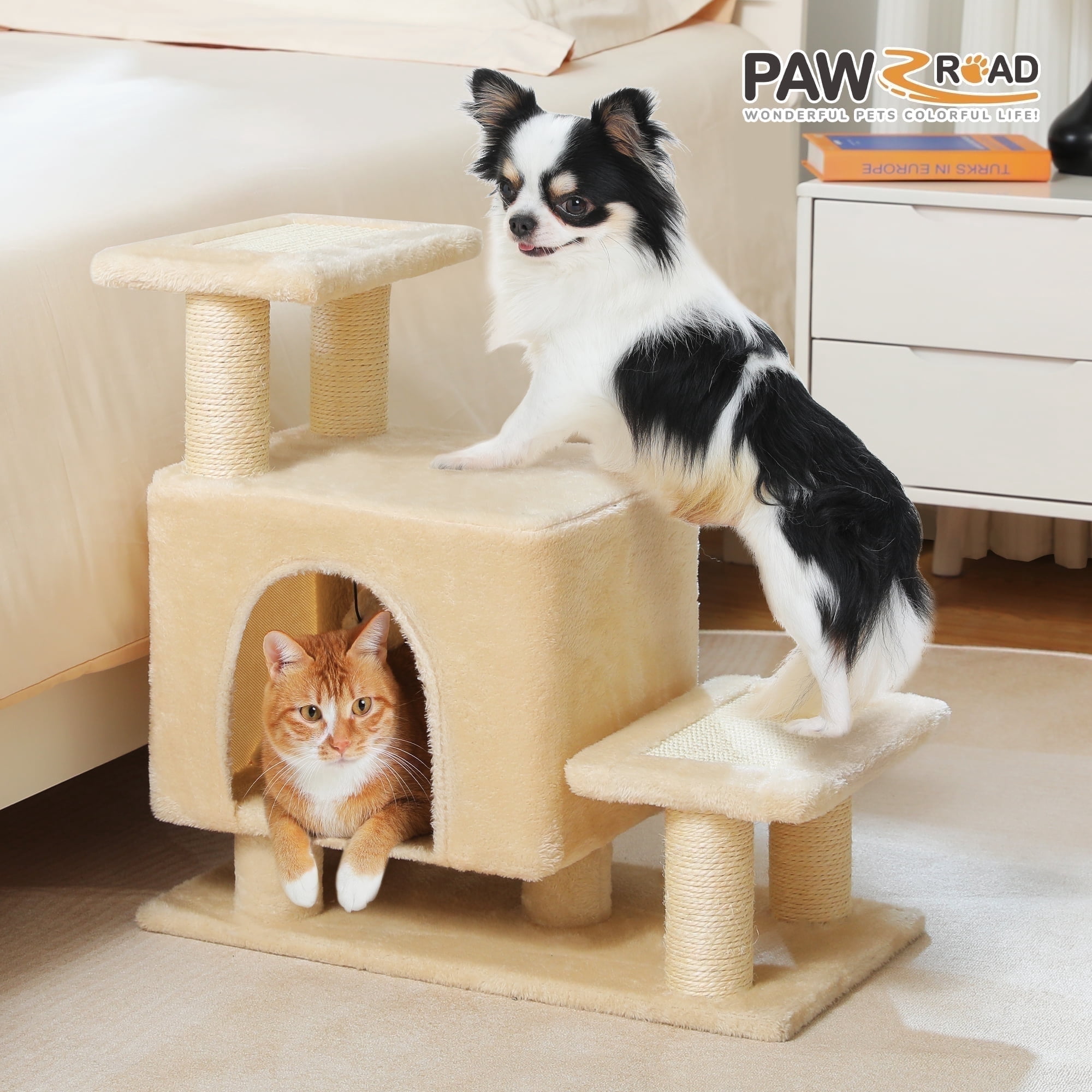 PAWZ Road 21.3" Dog Stairs with Scratching Post 3-Step Pet Stairs with Cat Condo for Small Dog Beige
