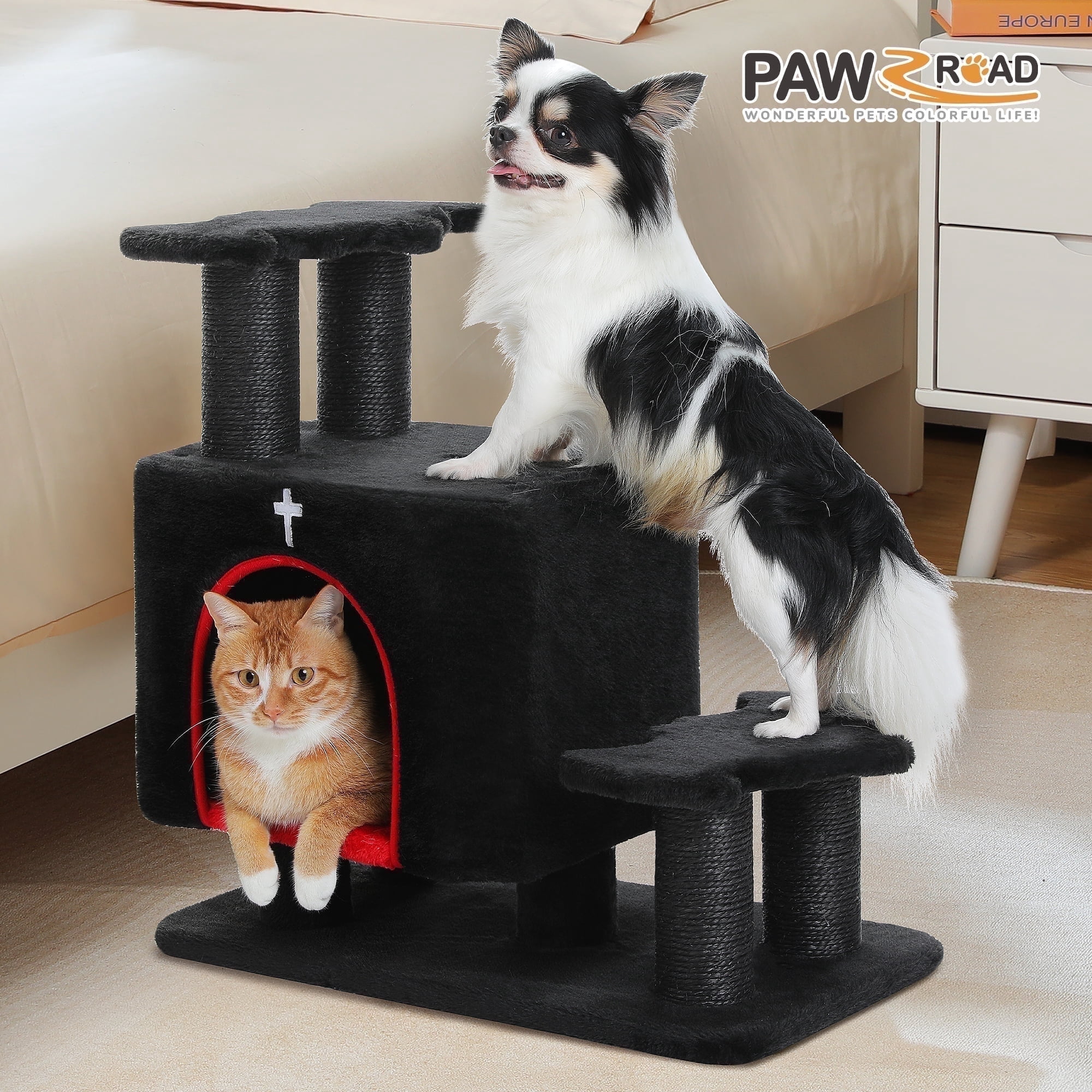 PAWZ Road 21.3" Dog Stairs with Scratching Post 3-Step Pet Stairs with Cat Condo for Small Dog Black