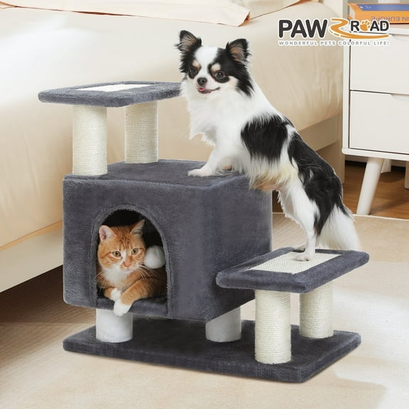 PAWZ Road 21.3" Dog Stairs with Scratching Post 3-Step Pet Stairs with Cat Condo for Small Dog Dark Gray