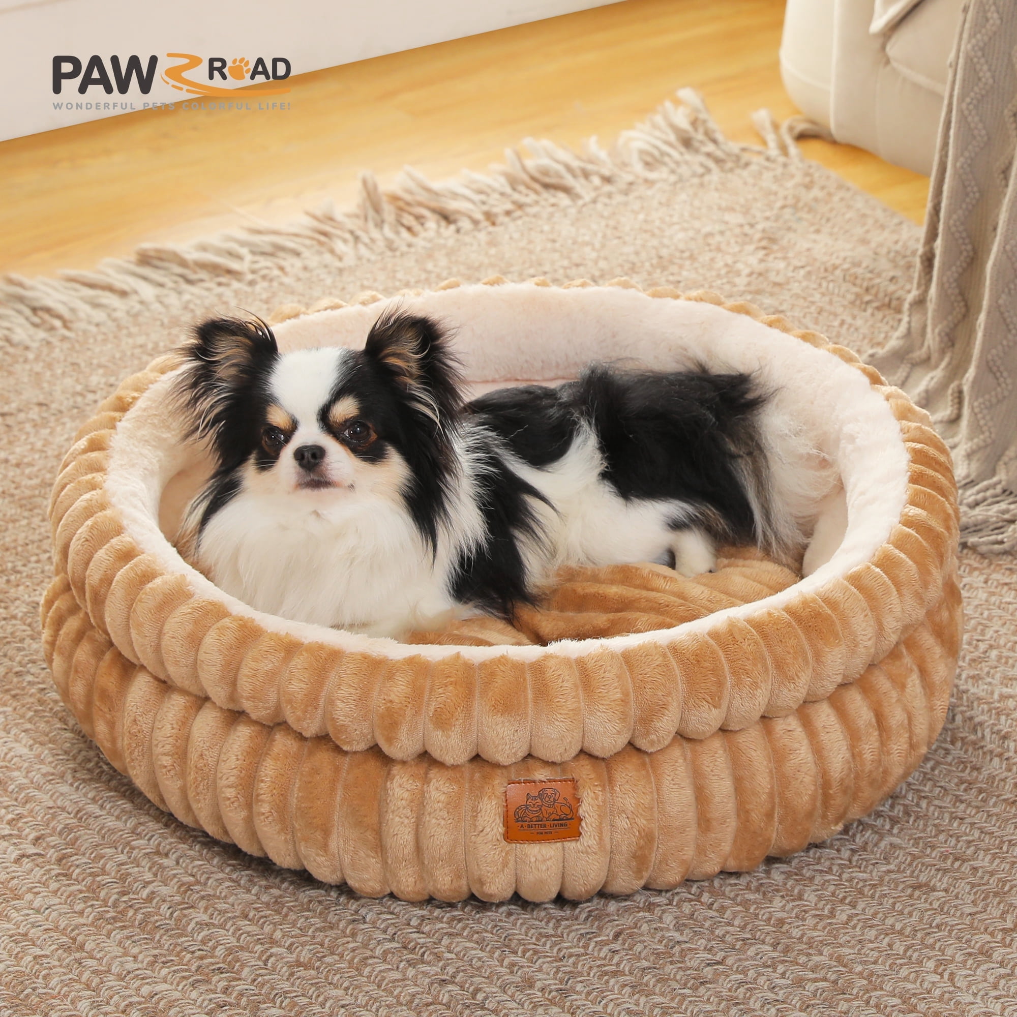 PAWZ Road 24" Cat Bed Soft Plush Kitten Bed Washable Round Pet Bed for Indoor Cats and Puppy, Brown