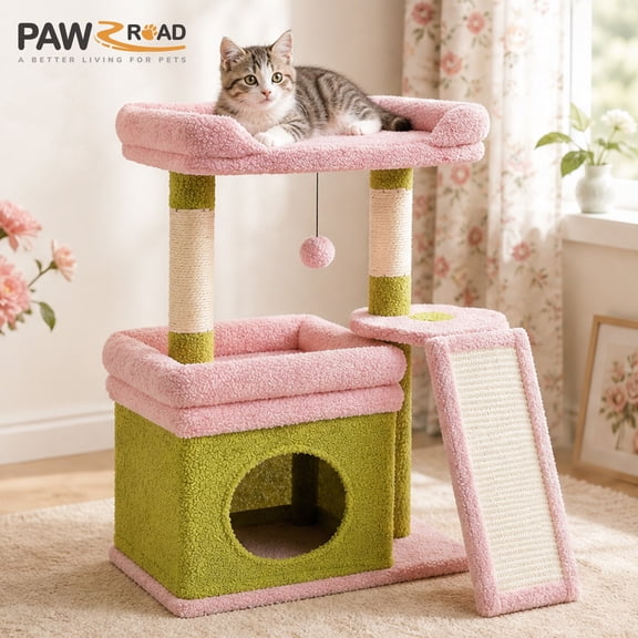 PAWZ Road 25.6" Small Cat Tree Tower with Wide Top Perch and Sisal Scratching Post for Cats & Kittens, Pink