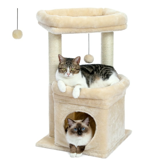 PAWZ Road 27" Cat Tree for Medium Cats Plush Condo and Scratching Posts, Beige