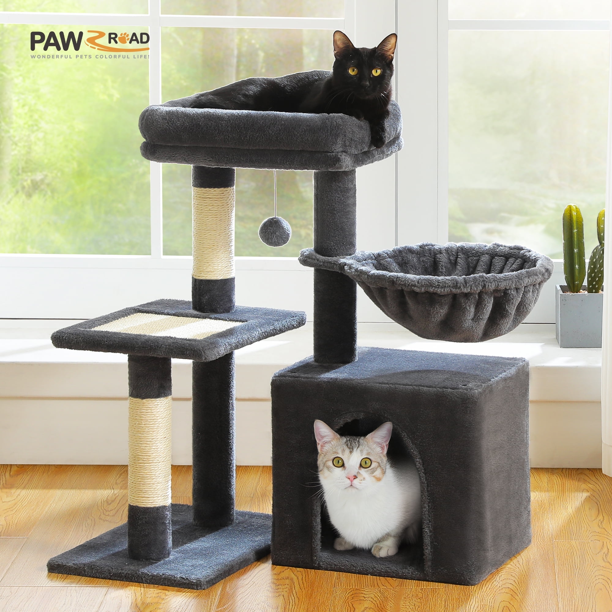 PAWZ Road 28" Small Cat Tree Tower Condo with Perch, Scratching Post for Indoor Cats, Dark Gray