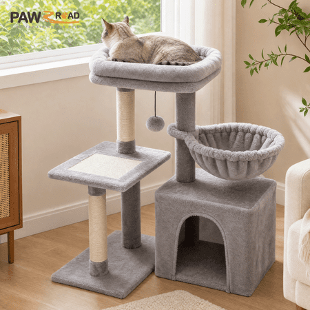 PAWZ Road 28" Small Cat Tree Tower Cat Condo with Perch Cat Scratching Post for Indoor Cats, Gray