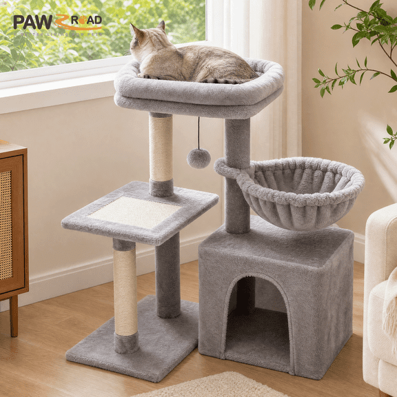 PAWZ Road 28" Small Cat Tree Tower Cat Condo with Perch Cat Scratching Post for Indoor Cats, Gray