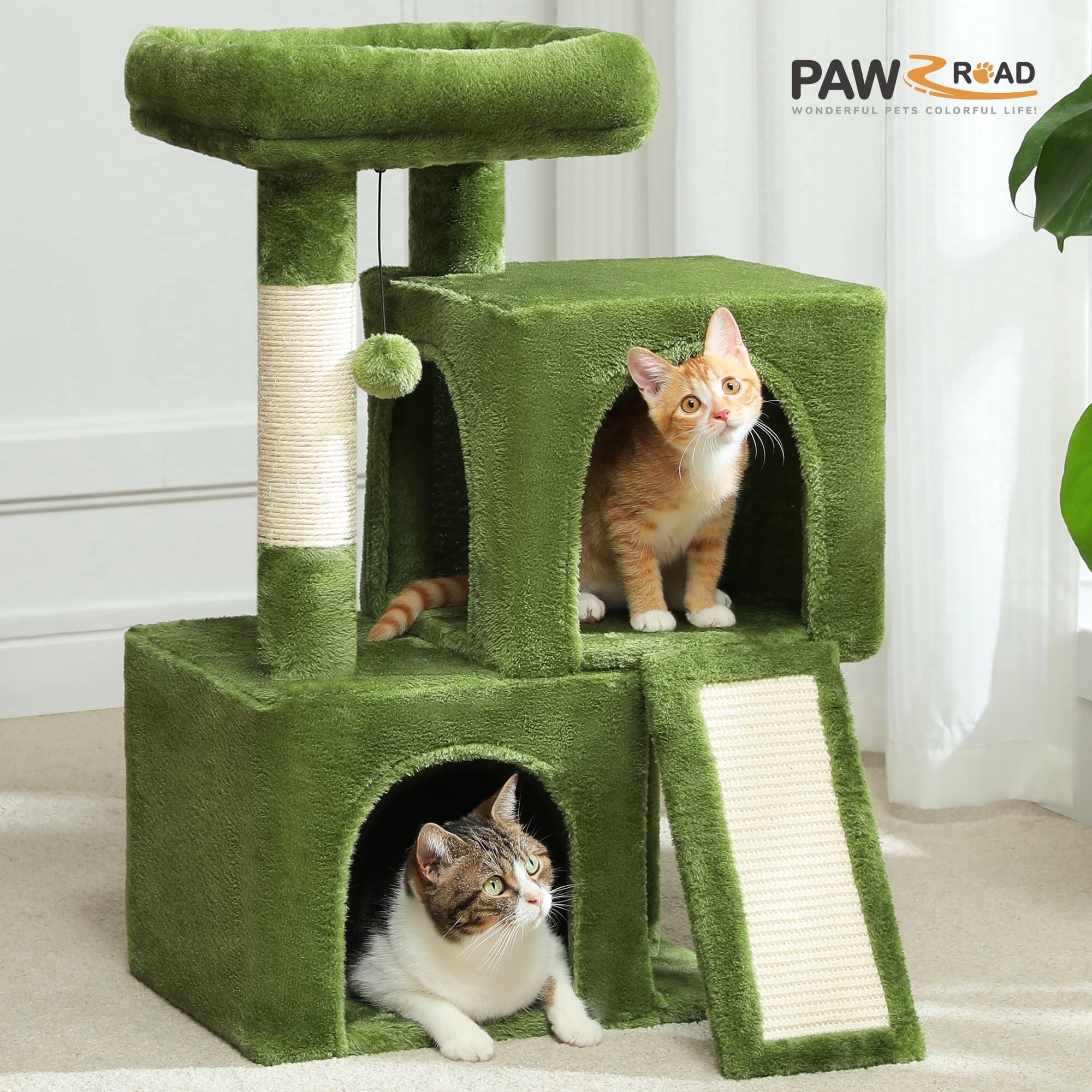 PAWZ Road 30" Cat Tree Condo with Sisal Scratching Post Tower Ramp for Indoor Cats,Green