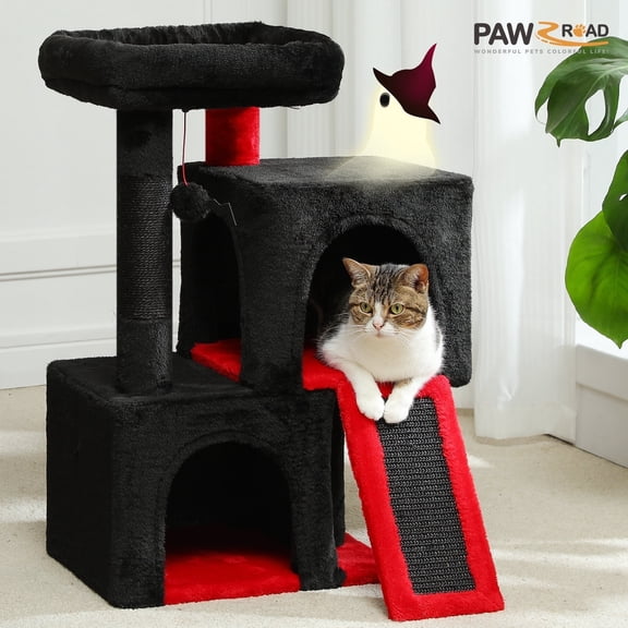 PAWZ Road 30" Cat Tree Condo with Sisal Scratcing Post Tower Ramp for Indoor Cats,Black