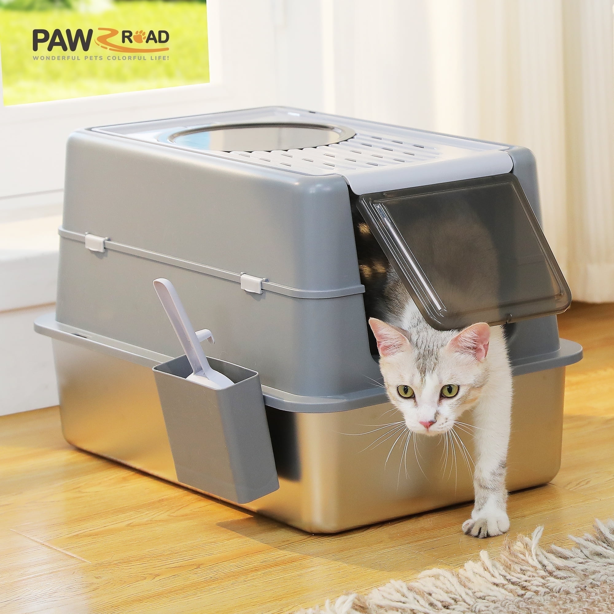PAWZ Road 304 Stainless Steel Litter Box with Lid Large Cat Litter Box with Scoop, Enclosed, Easy Clean, Odor Control