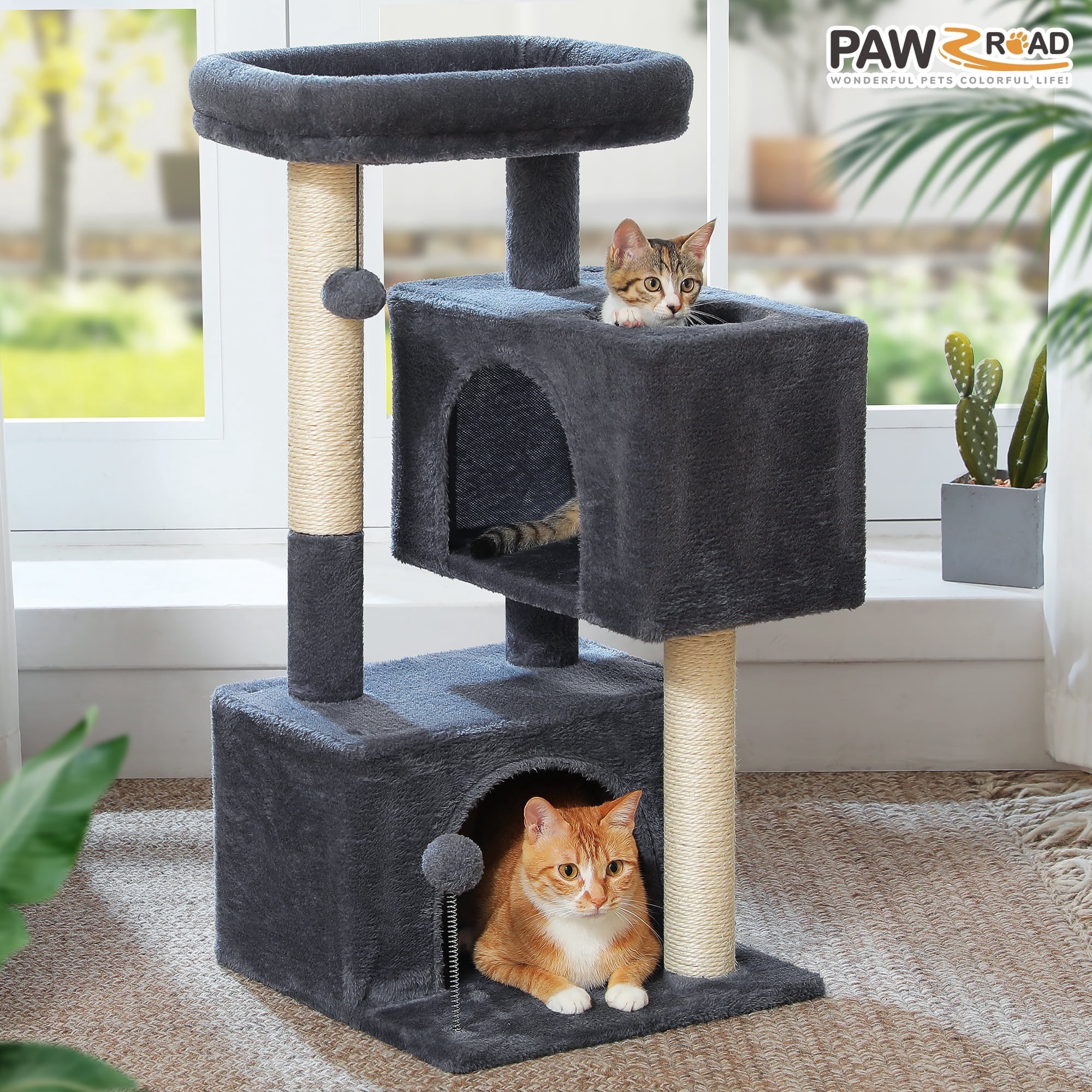 PAWZ Road 31.5" Modern Cat Tree Tower with Dual Large Condos for Kitten ＆ Medium Size Cat Dark Gray