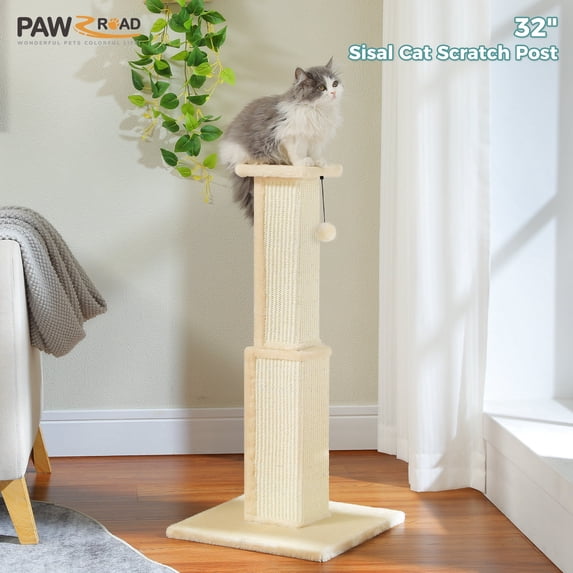 PAWZ Road 31" Natural Sisal Cat Scratching Post for Indoor Cat Scratcher with Plush Large Base, Beige