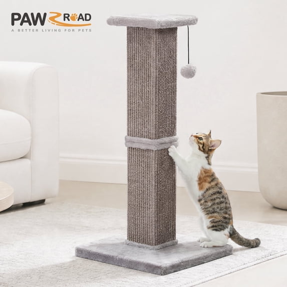 PAWZ Road 31" Natural Sisal Cat Scratching Post for Indoor Cat Scratcher with Plush Large Base, Gray