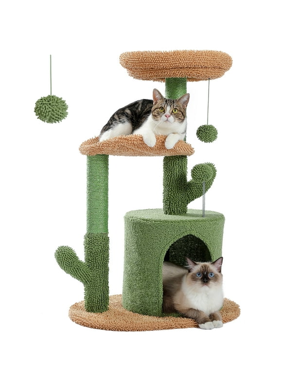 PAWZ Road 32" Cactus Cat Tree Tower with Cat Scratching Posts Cozy Condo Perch for Indoor Cats,Green