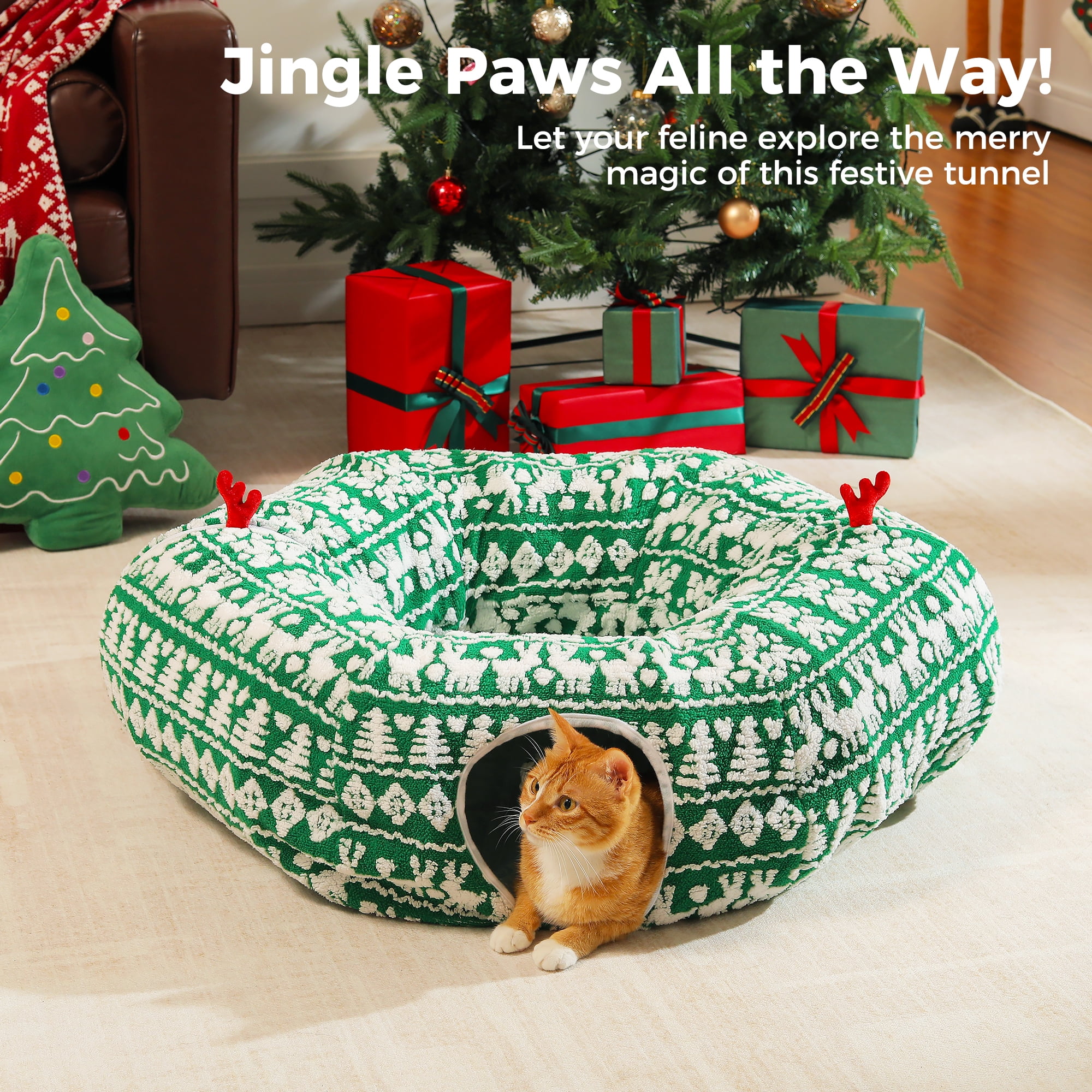 PAWZ Road 34" Cat Tunnel Christmas Cat Tunnel Bed with Soft Mat, Cat Toys for Indoor Cats, Green
