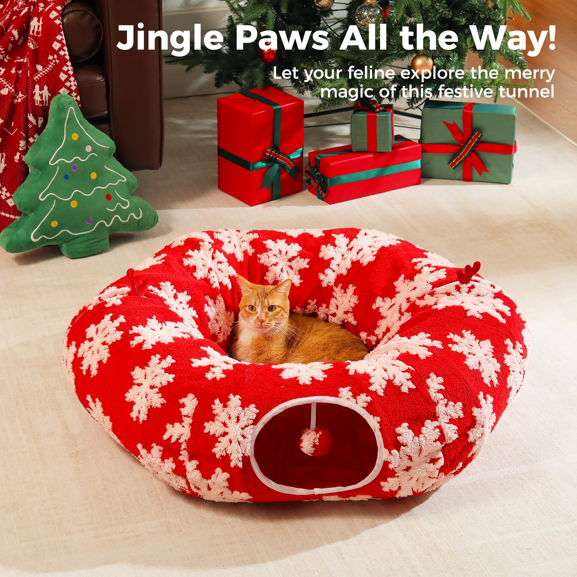 Walmart Black Friday Deals 2025 - PAWZ Road 34" Cat Tunnel Christmas Cat Tunnel Bed with Soft Mat, Cat Toys for Indoor Cats, Red