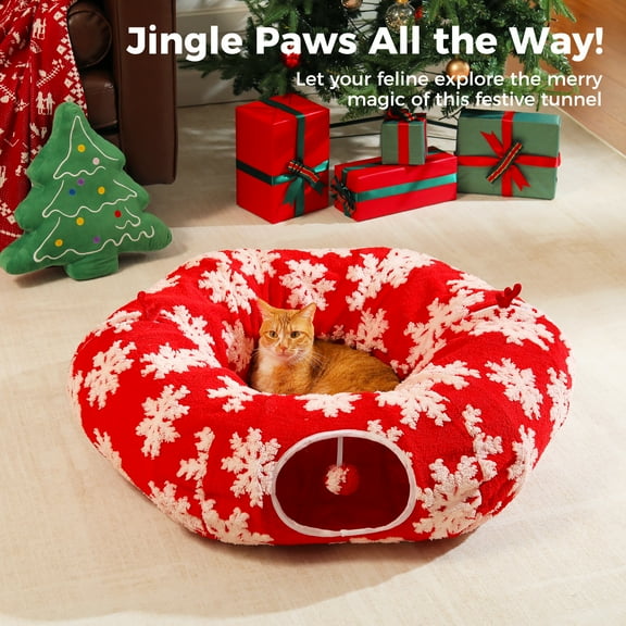 PAWZ Road 34" Cat Tunnel Christmas Cat Tunnel Bed with Soft Mat, Cat Toys for Indoor Cats, Red
