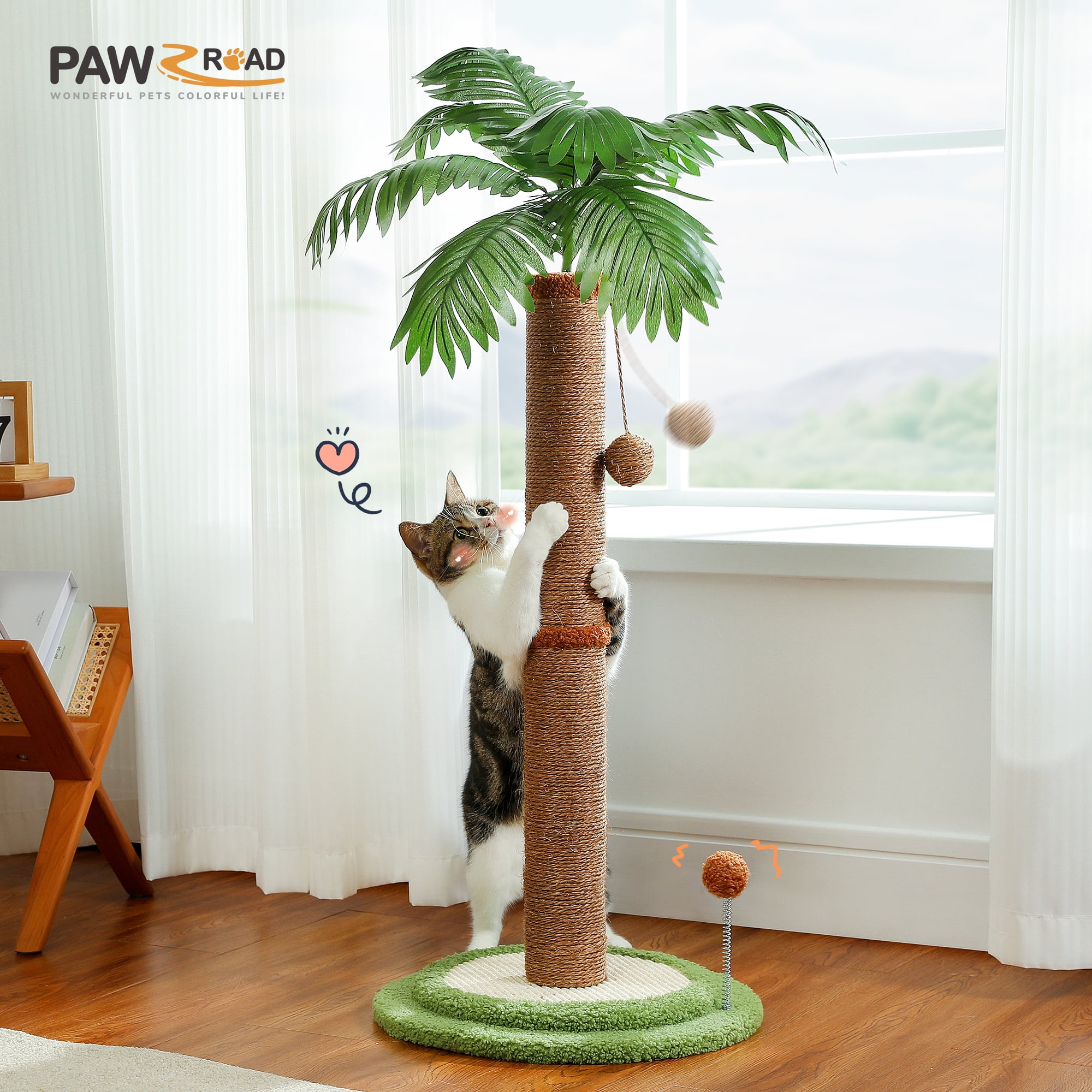 PAWZ Road 34" Coconut Palm Cat Scratching Post with Interactive Balls for Indoor Cats, Brown