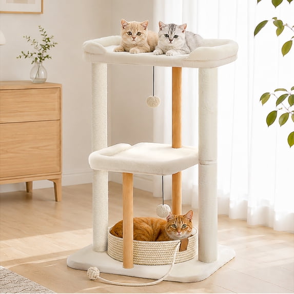 PAWZ Road 35"Wood Cat Tree with Scratching Posts for Small Cats, Large Platforms,Large Perches, Multi-Level Cat Tower