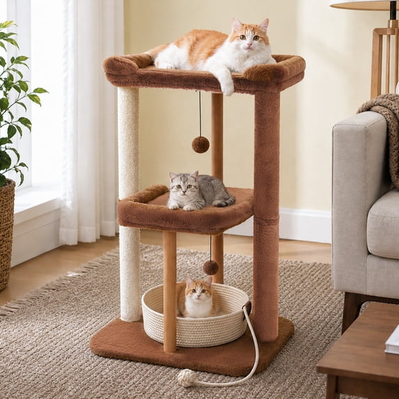 PAWZ Road 35"Wood Cat Tree with Scratching Posts for Small Cats, Large Platforms,Large Perches, Multi-Level Cat Tower
