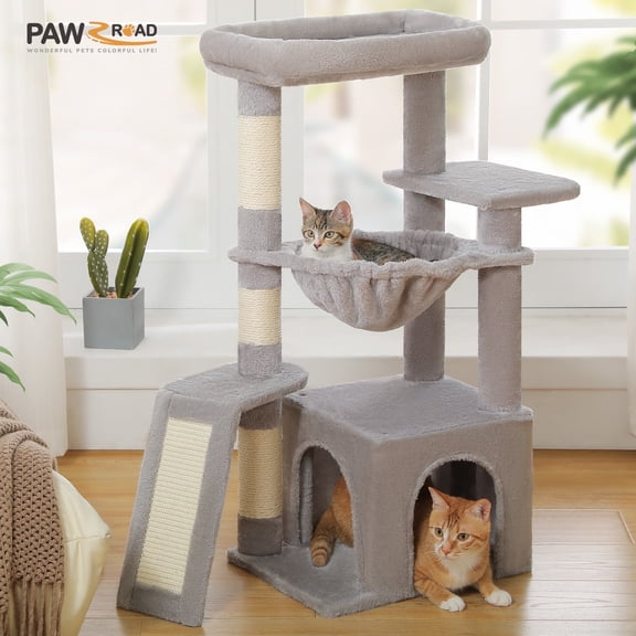 PAWZ Road 36" Cat Tree for Indoor Cats with Cat Condo Scratch Posts Cozy Hammock and Scratch Ladder, Gray
