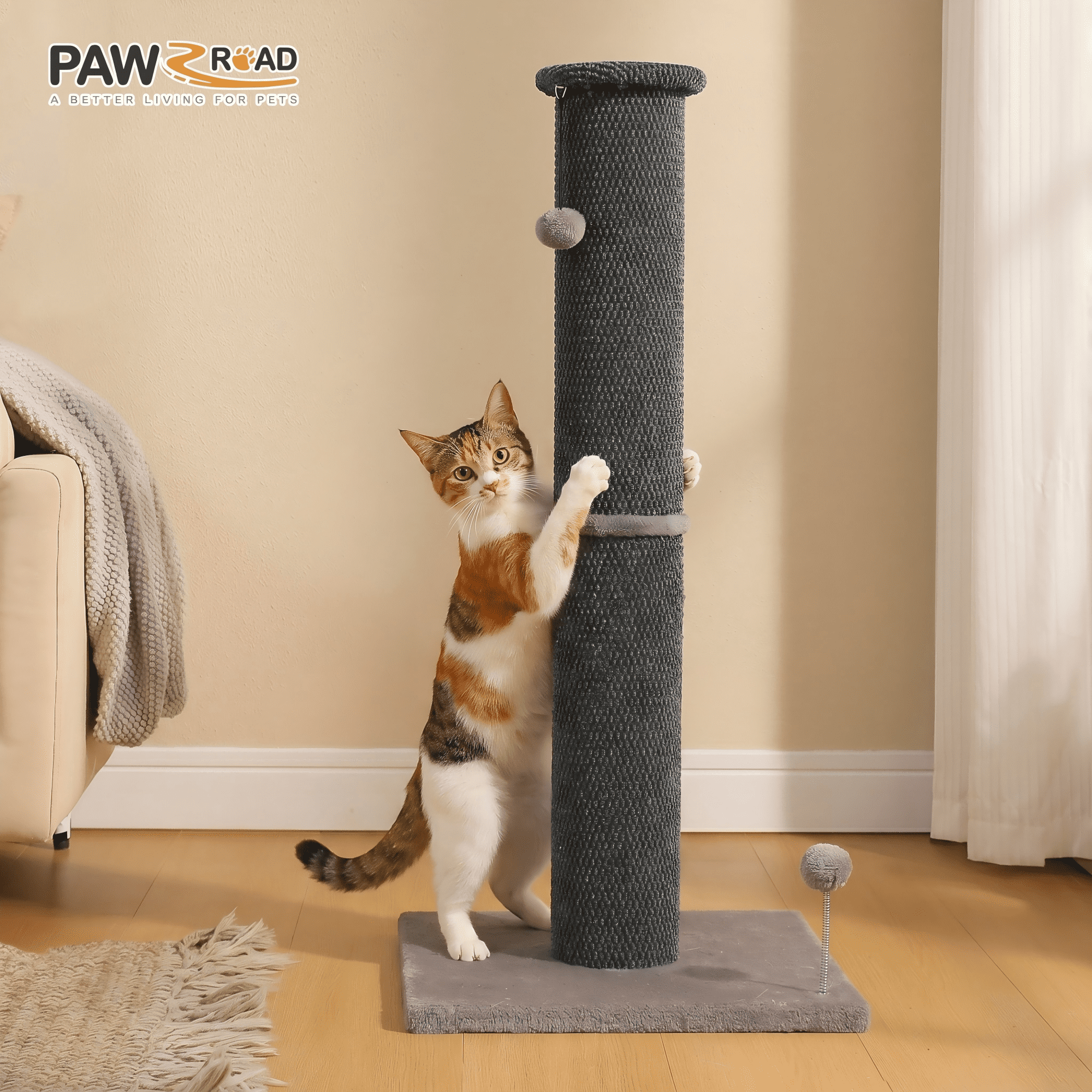 PAWZ Road 40" Tall Large Cat Scratching Post - Durable Polyester Fabric, Wide Stable Base, Dark Gray